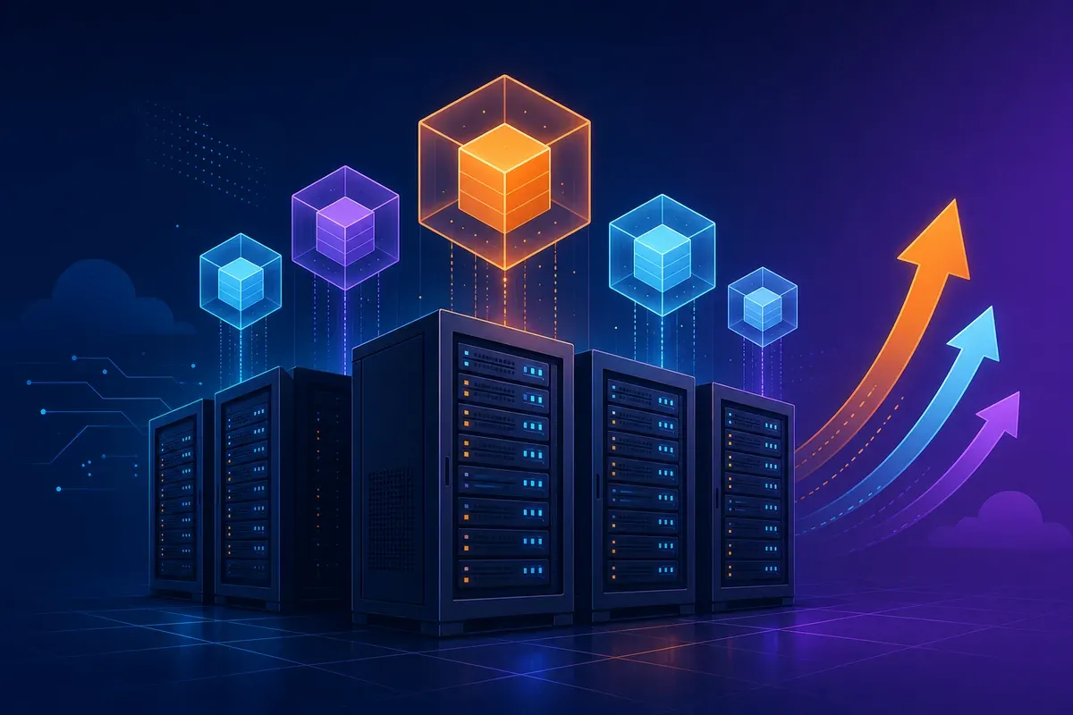 Ilustración de servidores VPS y racks en centro de datos