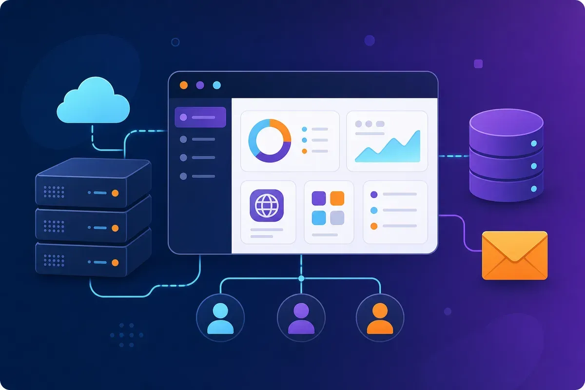 Ilustración de hosting Plesk con panel, servidores, correo y bases de datos
