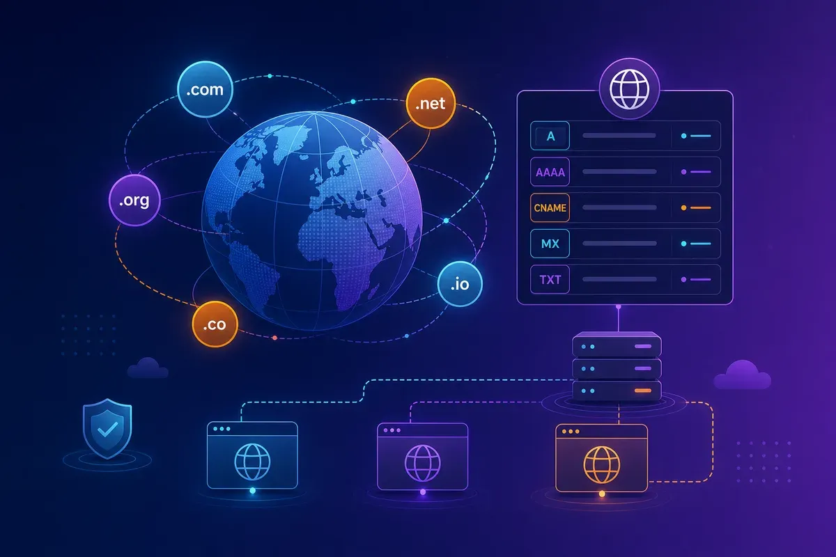 Ilustración de registro de dominios y gestión DNS
