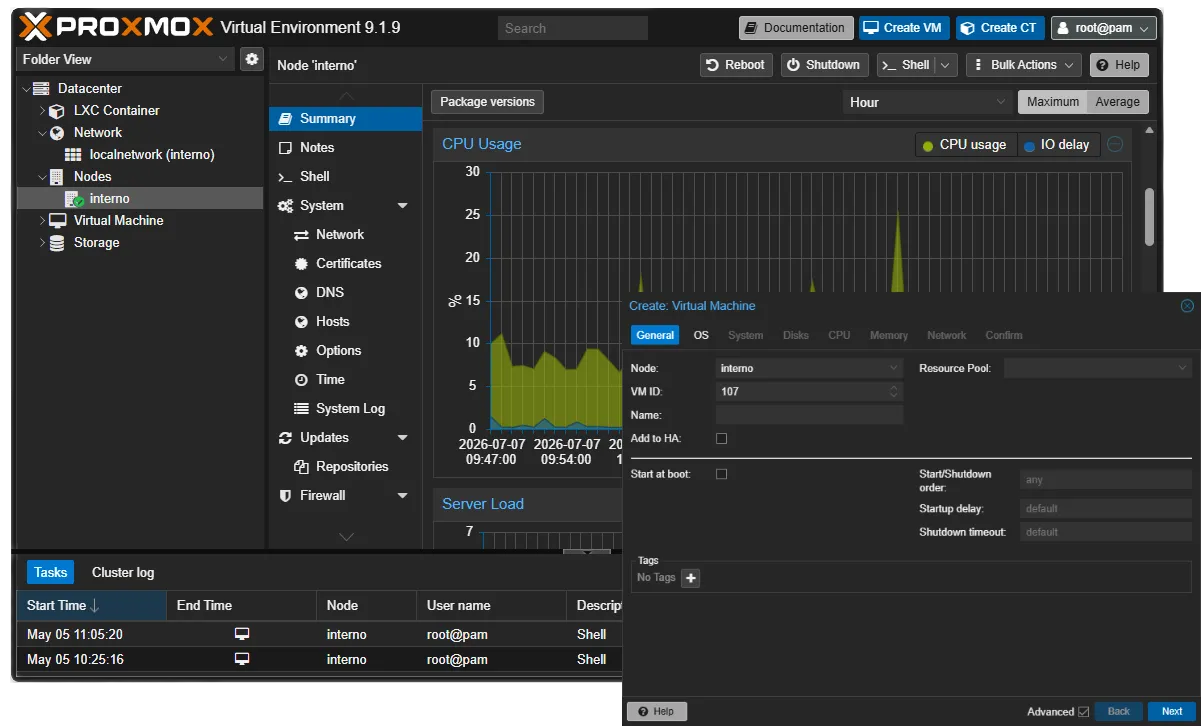 Captura de panel Proxmox para gestión de VPS
