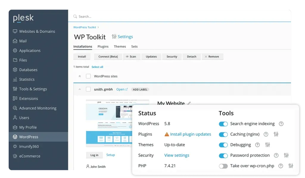 Captura del panel Plesk para administración de hosting