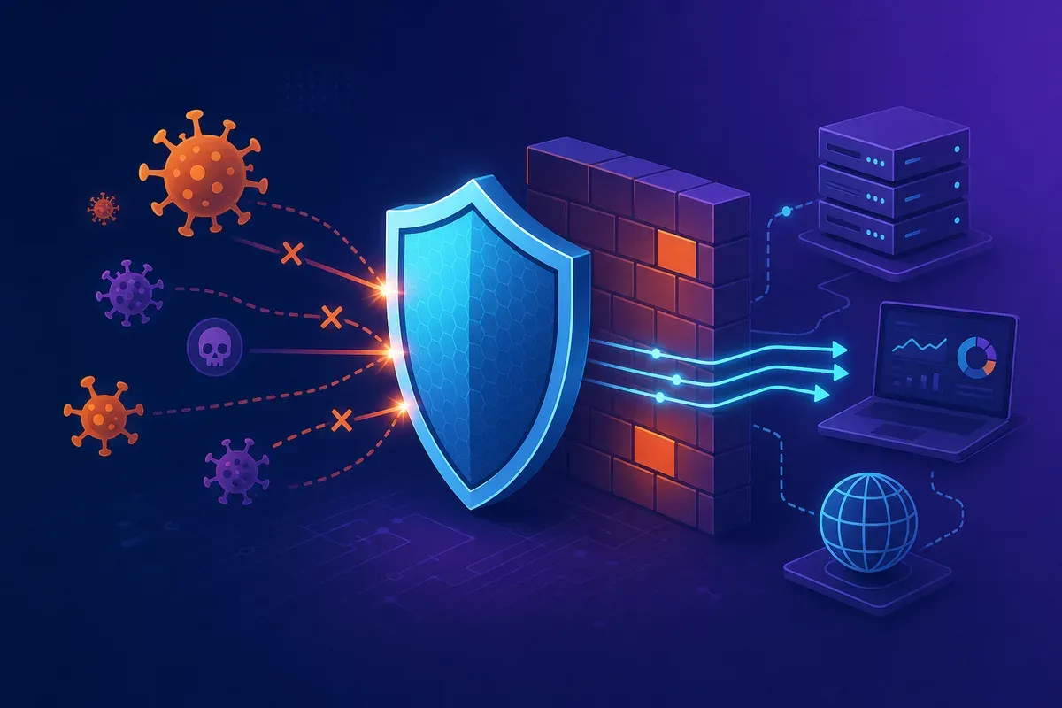 Ilustración de seguridad web con firewall y protección contra ataques